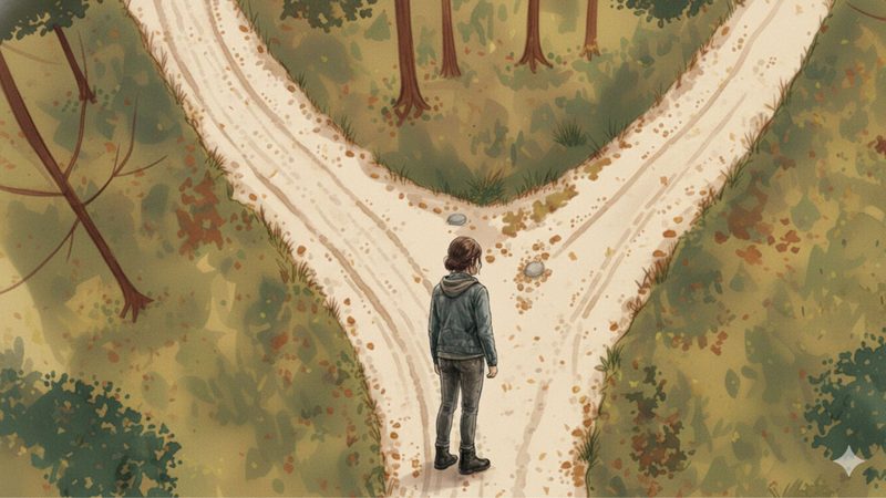 A figure standing at a forked path in a forest