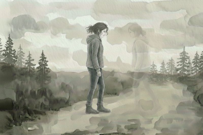 Two figures facing each other in a misty landscape
