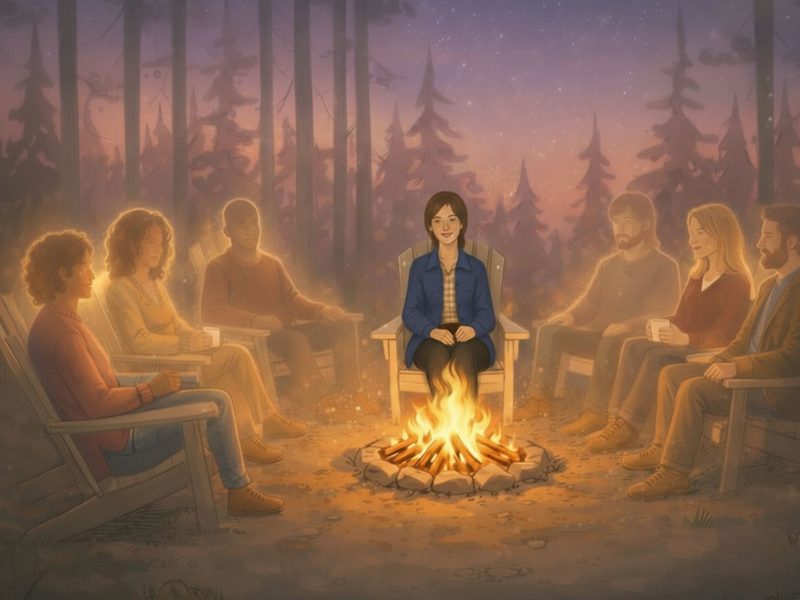 People seated around a campfire in a forest at dusk