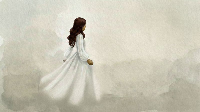 A woman in white walking through a misty landscape